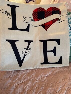 LOVE Decorative Pillow Cover with Buffalo Check Heart
